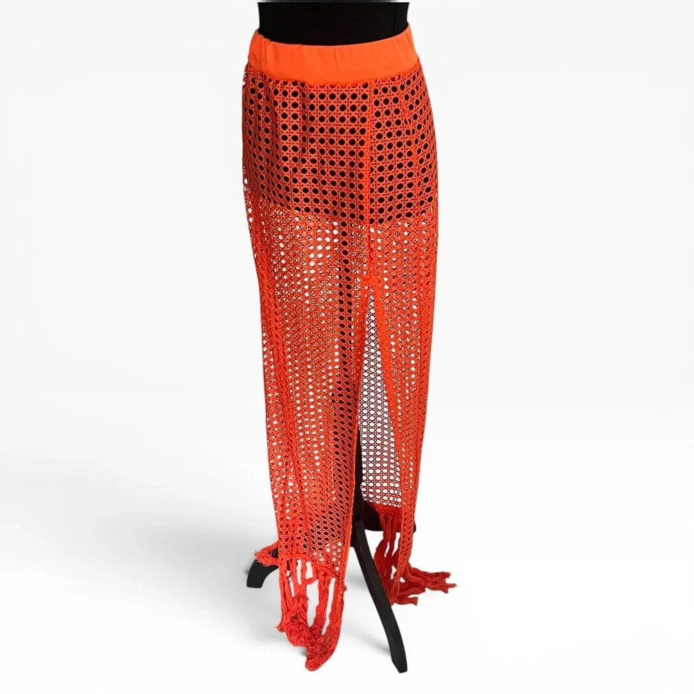 Orange Crochet Maxi Skirt Fringe Side Slit Boho Beach Cover Up S Cane Weave
